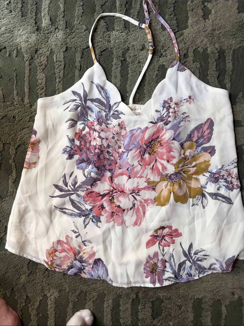 nine britton White Floral Spaghetti Strap Cami with Pink, purple & Gold Flowers